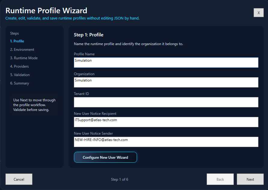 Runtime Profile Wizard profile step showing profile name, organization, tenant ID, application registration, and certificate fields.