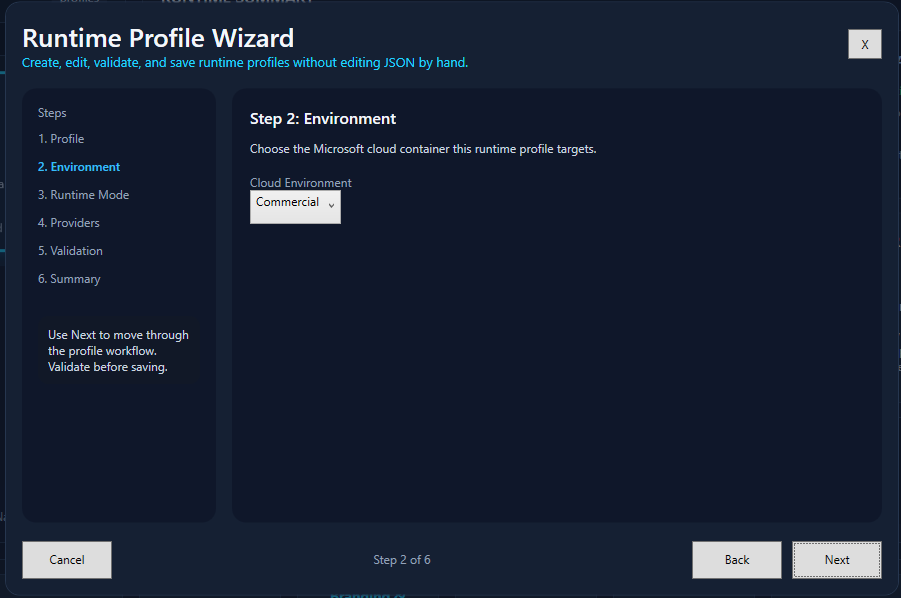 Runtime Profile Wizard environment step showing Microsoft cloud selection.