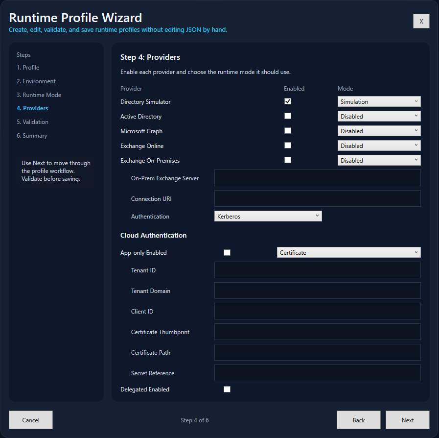 Runtime Profile Wizard provider step showing Active Directory, Microsoft Graph, Exchange Online, Exchange on-premises, and simulator configuration.