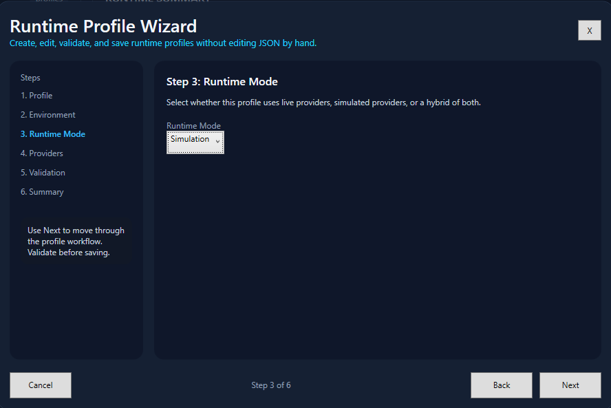 Runtime Profile Wizard runtime mode step showing simulation, live, and hybrid options.