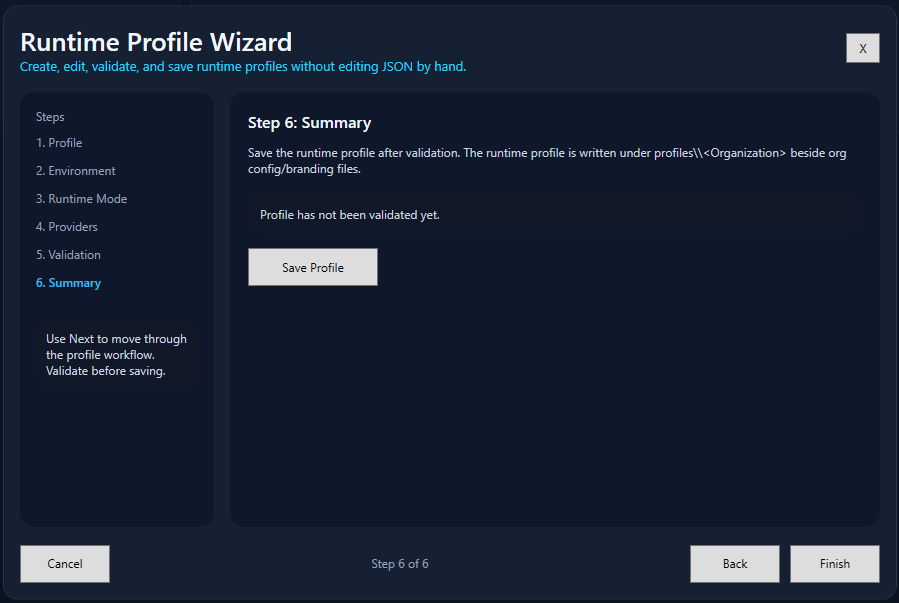 Runtime Profile Wizard summary step prompting the operator to review and save the completed profile.