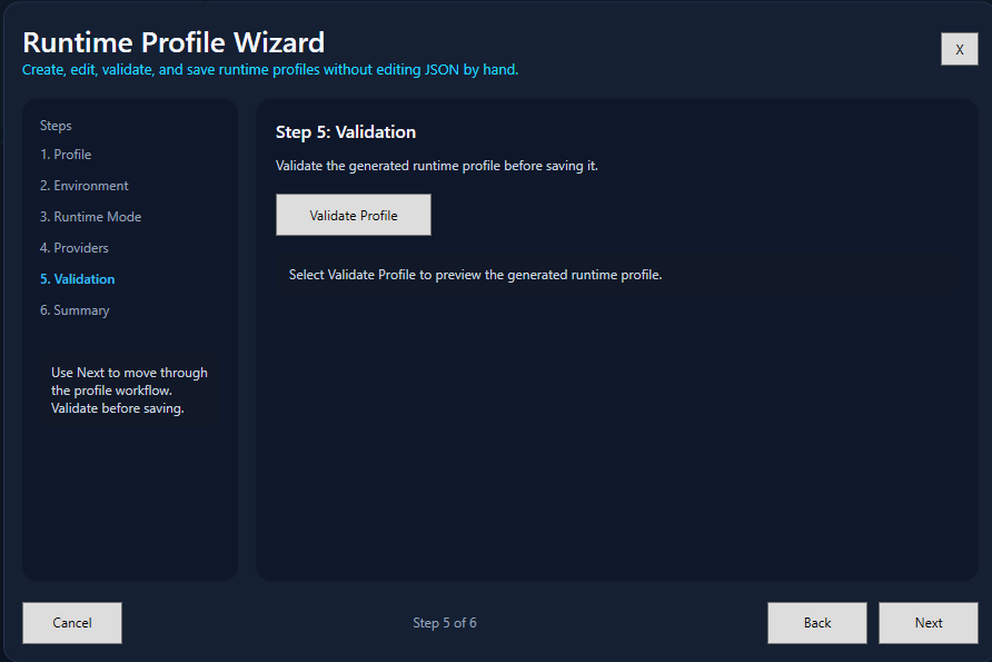 Runtime Profile Wizard validation step asking the operator to validate the profile before saving.